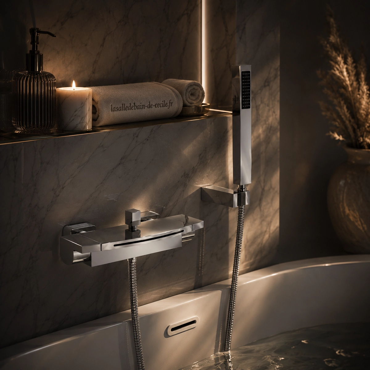 Détail mitigeur de bain mural chrome Lorent